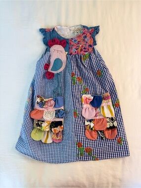 Designer Blue Gingham Patchwork Girls Dress, Amo Makaria, Girls Medium